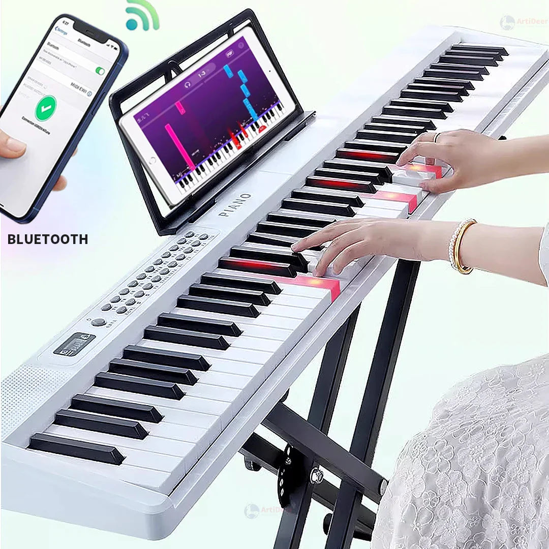 White and black 61-key folding piano with illuminated keys professional musical keyboard for adult electronic portable use
