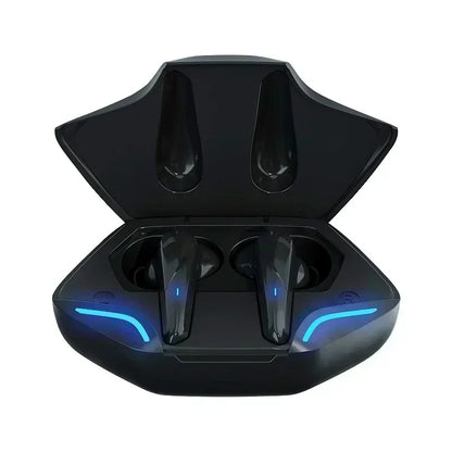 Black gaming earbuds wireless with blue led lighting in angular case featuring mic bass audio and positioning 9d stereo
