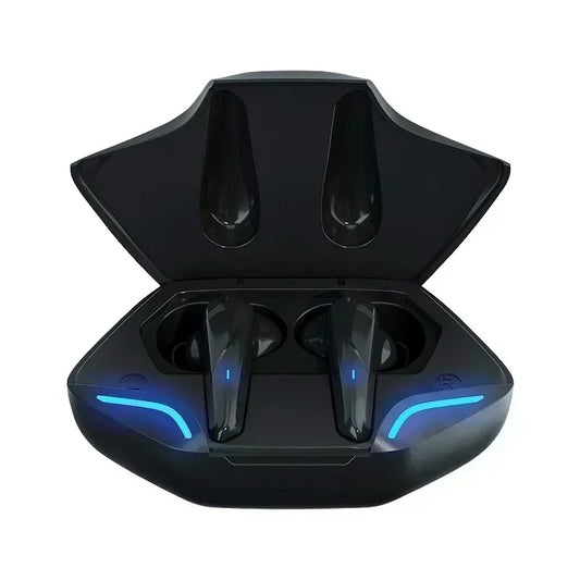 Black wireless gaming earbuds with blue led lighting in a sleek angular case featuring mic bass audio positioning 9d stereo