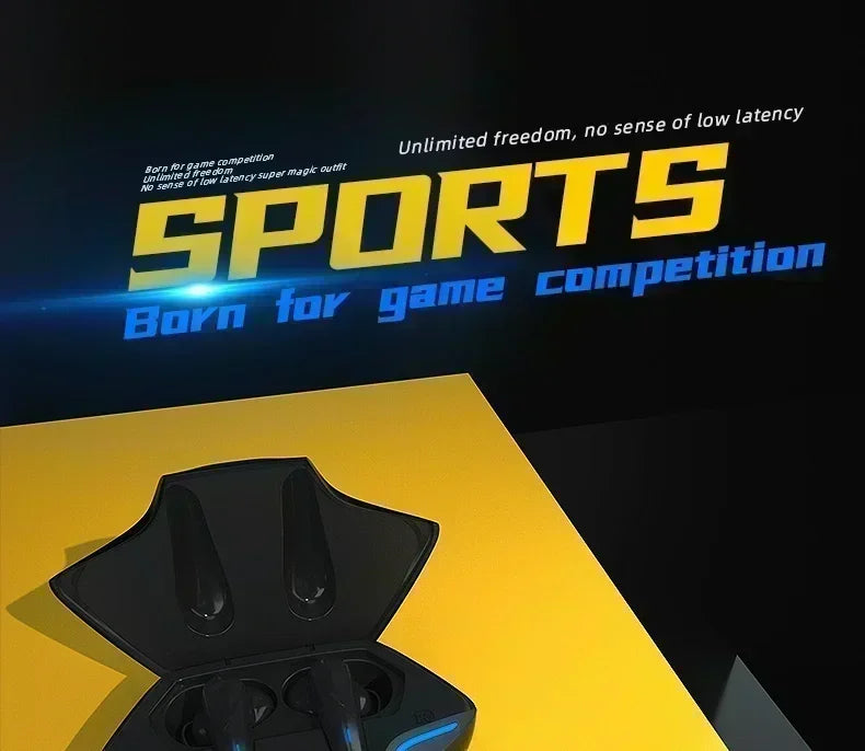 Black gaming earbuds wireless with mic bass audio in a sleek angular charging case with blue accent lighting and 9d stereo positioning