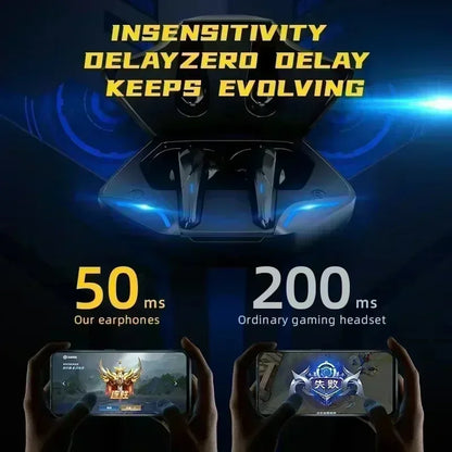 Blue-lit wireless gaming earbuds with mic bass audio and sleek design featuring positioning 9d stereo sound