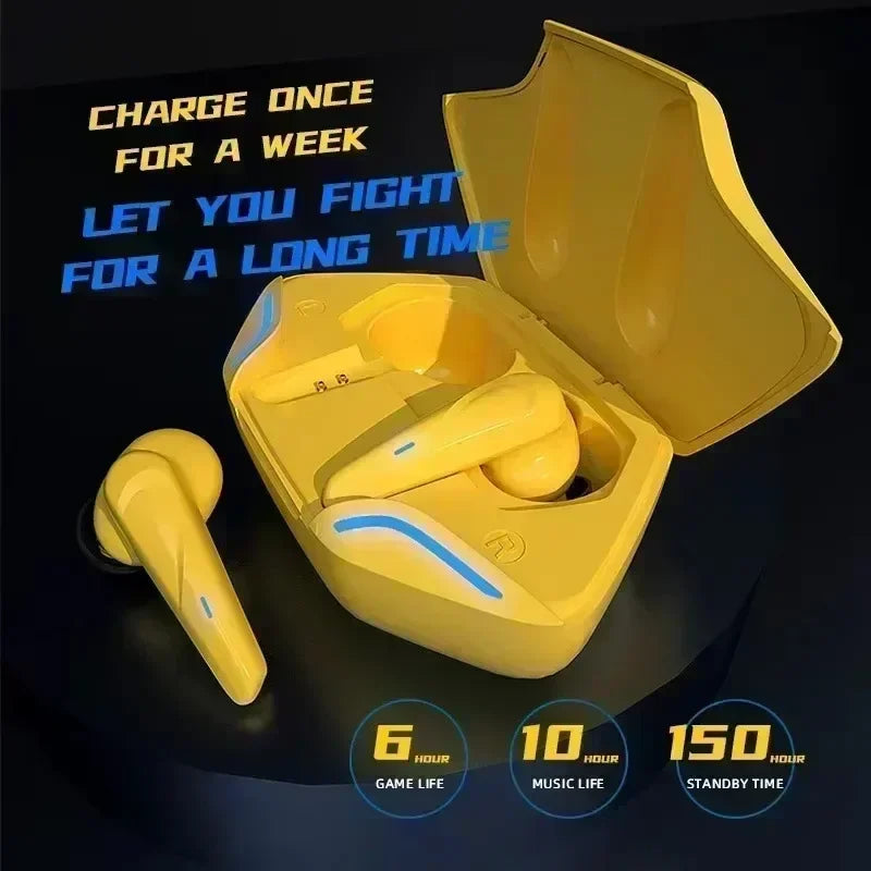 Bright yellow gaming earbuds wireless with mic bass audio and positioning 9d stereo in matching charging case