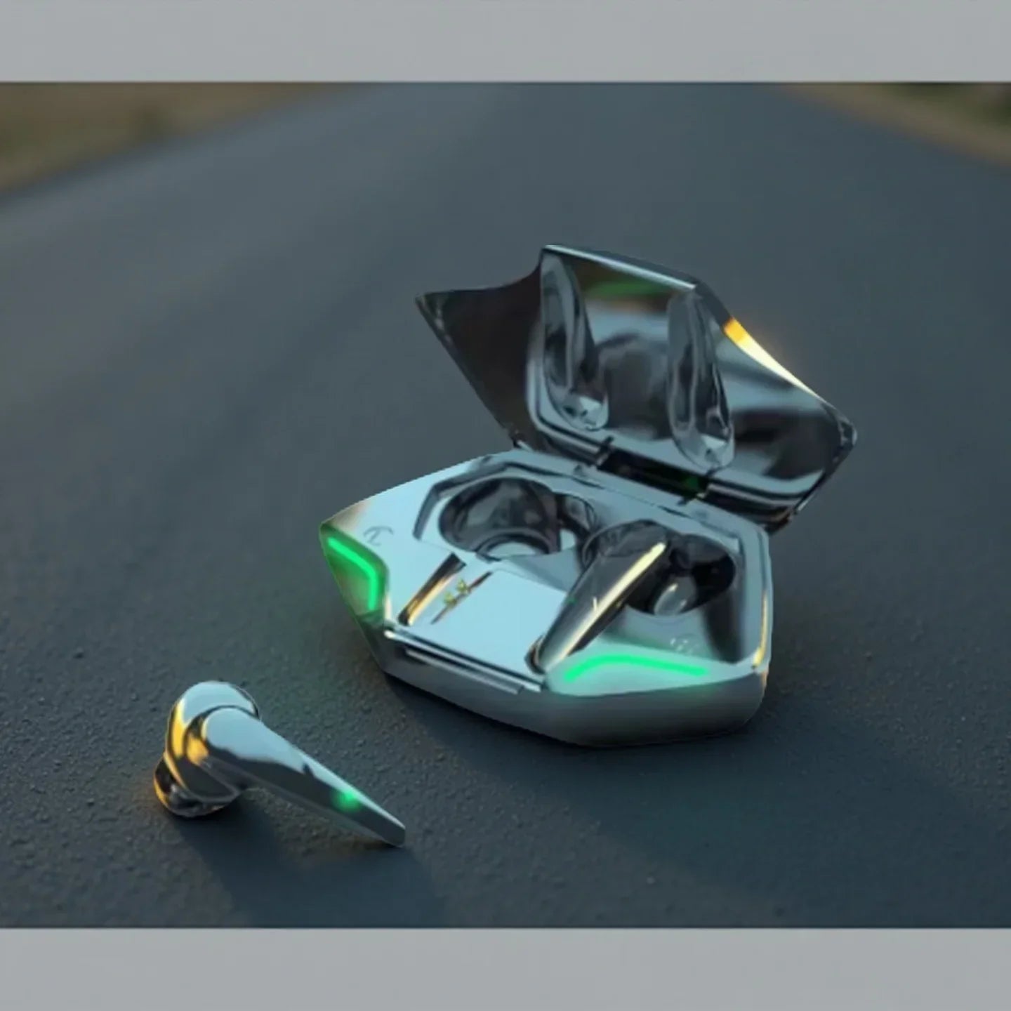 Shiny chrome-finished gaming earbuds wireless with mic bass audio and positioning 9d stereo in futuristic charging case