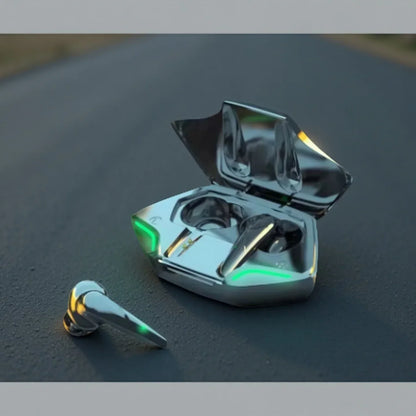 Shiny chrome-finished gaming earbuds wireless with mic bass audio and positioning 9d stereo in futuristic charging case