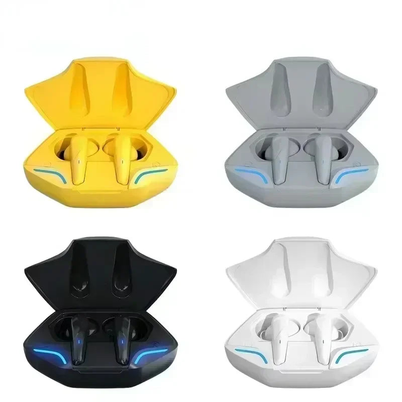 Yellow gray black and white gaming earbuds wireless with mic bass audio and positioning 9d stereo in sleek angular cases