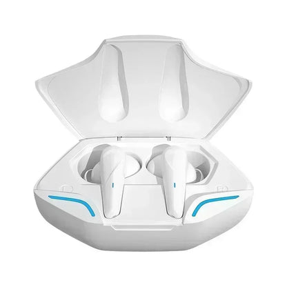 White gaming earbuds wireless with sleek ergonomic design blue accent lighting mic bass audio positioning 9d stereo