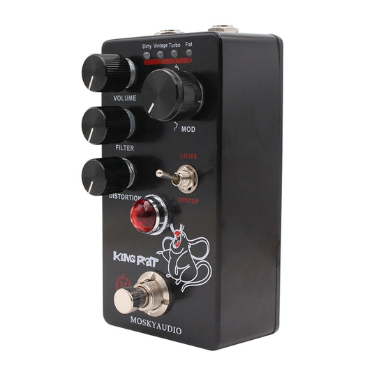 Black king rat moskyaudio fuzz distortion guitar effects pedal with red gemstone knob white rat logo and mode switch controls