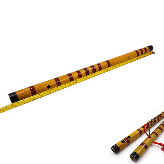 Handmade traditional brown bamboo flute with warm golden-yellow body, maroon stripes, and black capped ends bansuri wooden musical instrument