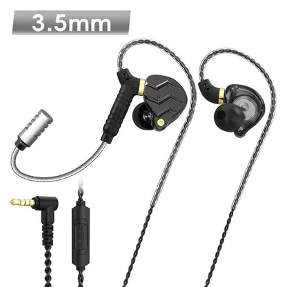 Black and gold inlayed braided cable earphones with 3.5mm jack featuring pluggable mic for digital hifi music and sport game headsets