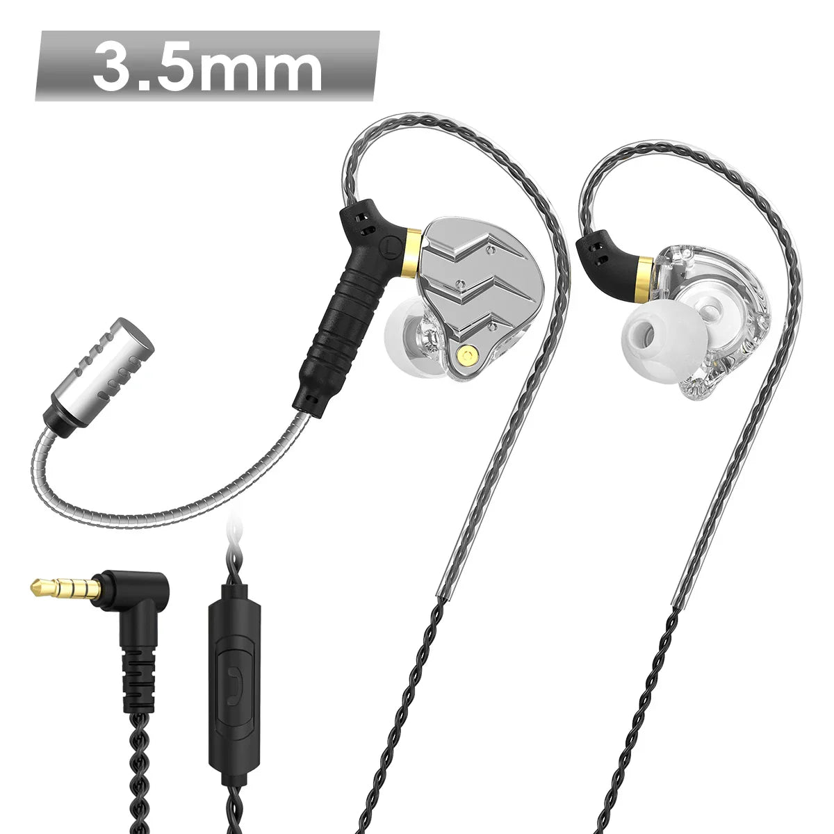 Silver and black high-fidelity 3.5mm wired earphones with transparent design gold-plated connectors digital hifi music sport game headsets earphones pluggable mic