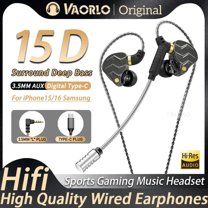 Black and gold vaorlo 15d in-ear headphones with braided silver cable digital hifi music earphones pluggable mic sport game headsets
