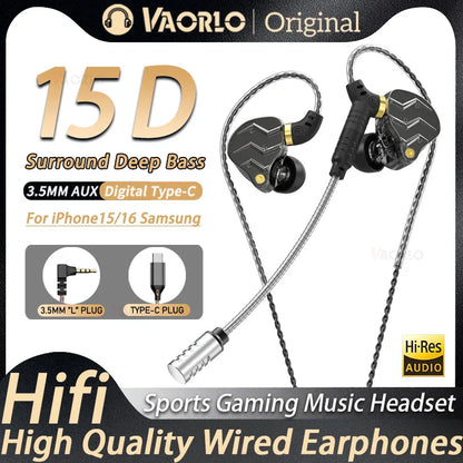 Black and gold vaorlo 15d in-ear headphones with braided silver cable digital hifi music earphones pluggable mic sport game headsets