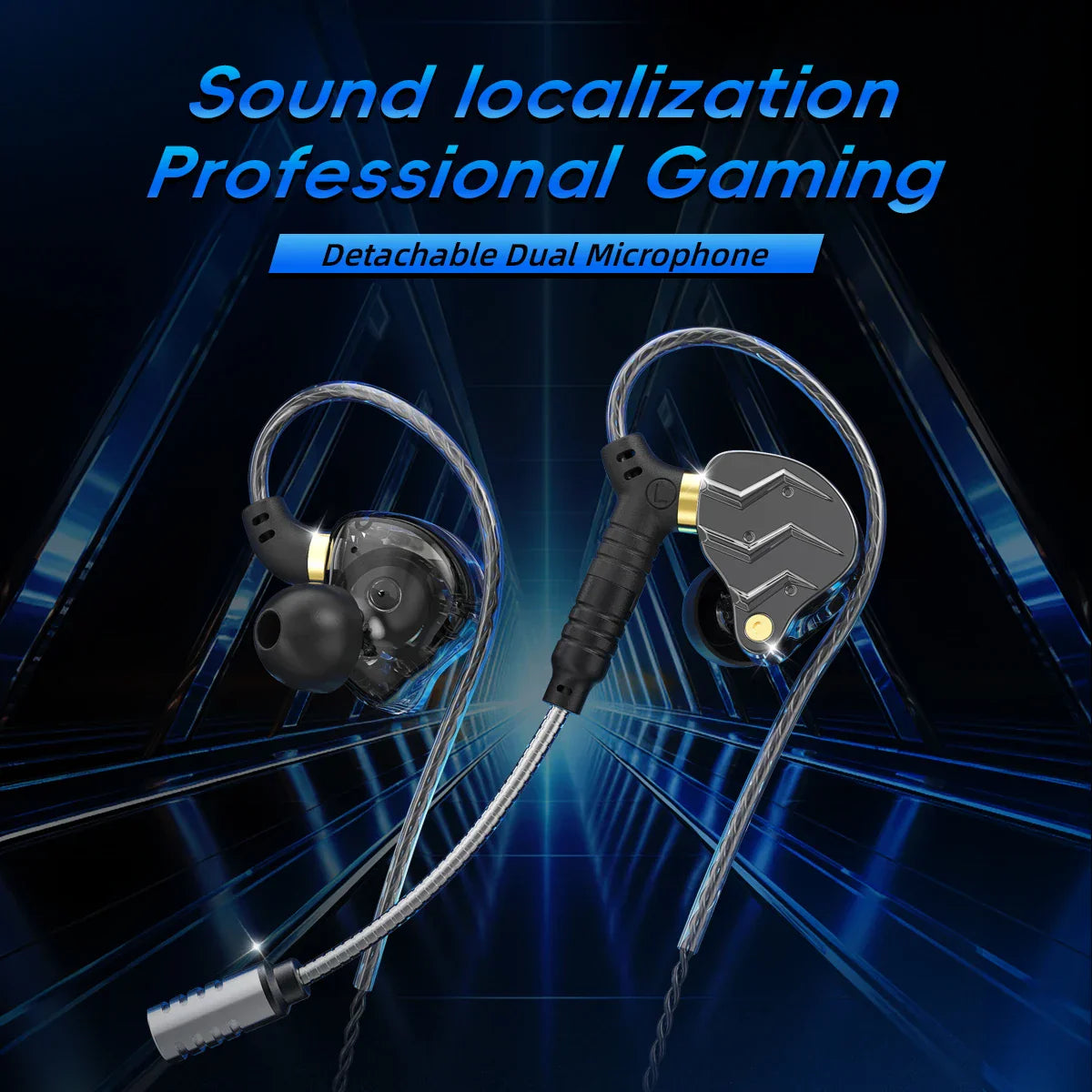 Black and silver digital hifi music in ear earphones with detachable dual pluggable mic for sport game headsets use
