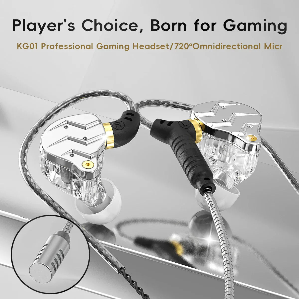 Silver and transparent kg01 digital hifi music earphones pluggable mic with gold accents and 720° omnidirectional mic for sport game headsets