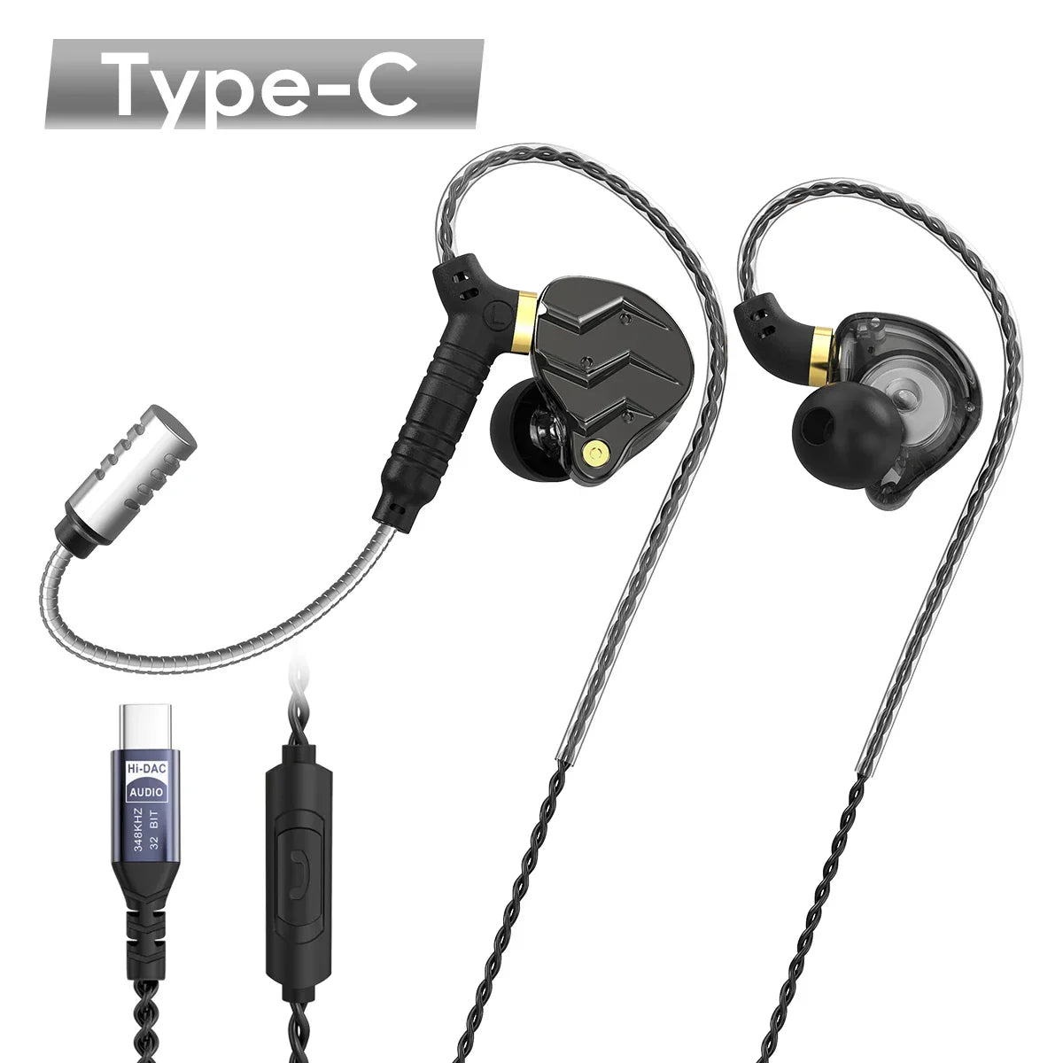 Black and gold inlayed digital hifi music earphones pluggable mic with braided cables and type-c for sport game headsets