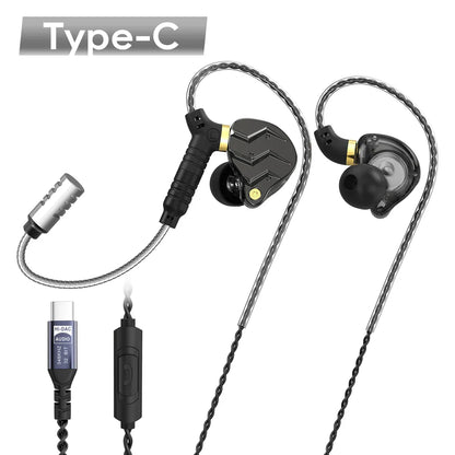 Black and gold inlayed digital hifi music earphones pluggable mic with braided cables and type-c for sport game headsets
