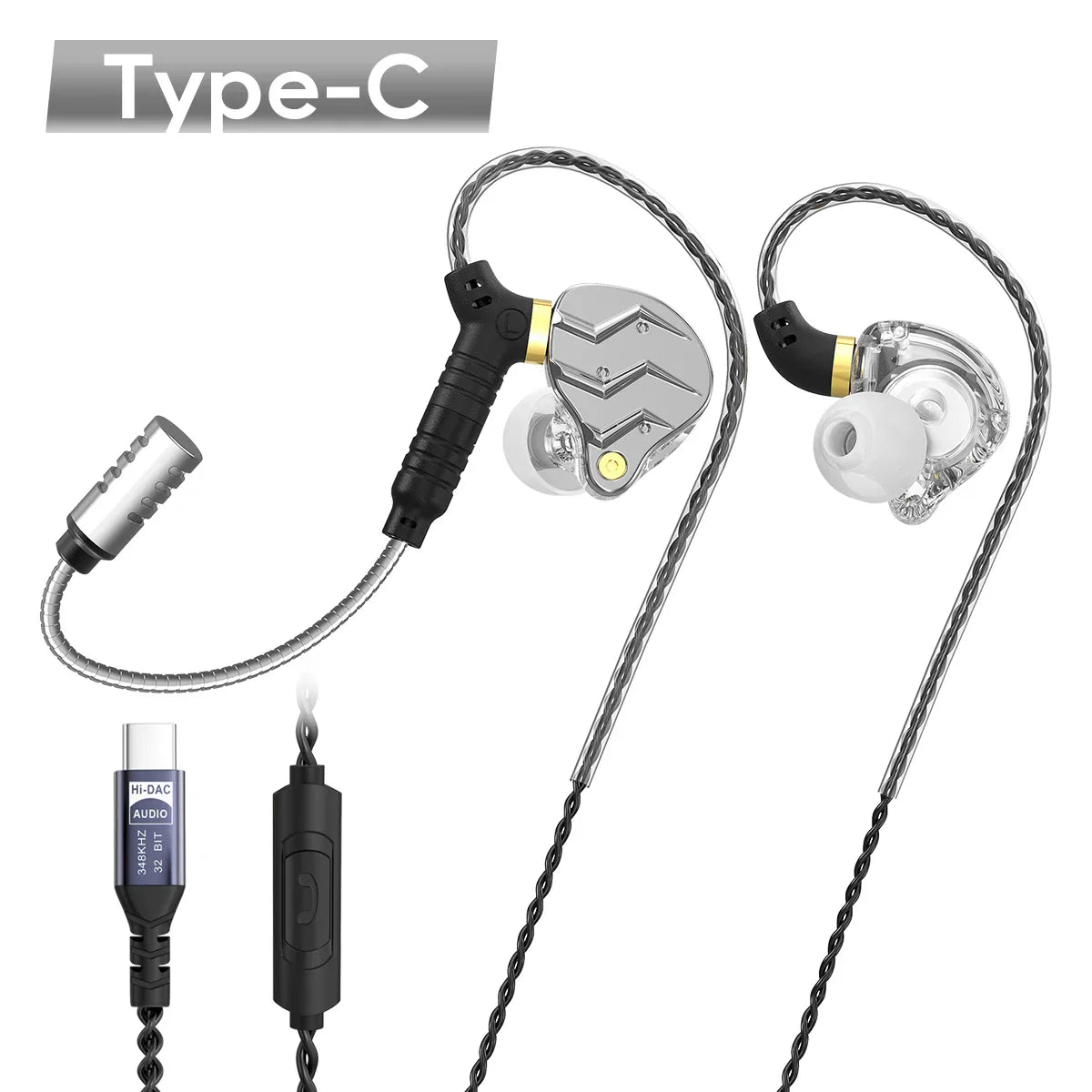 Silver and black in-ear digital hifi music earphones pluggable mic with transparent housing and braided cables for sport game headsets