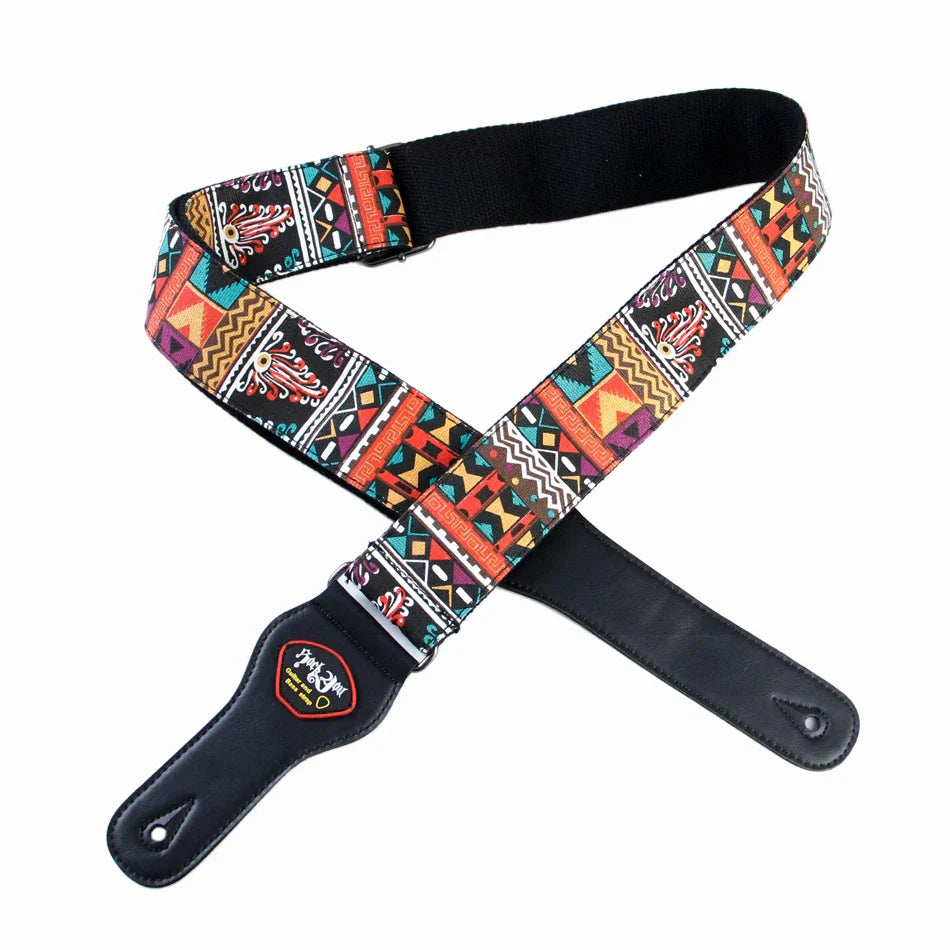 Vibrant geometric pattern cotton guitar strap with black leather ends adjustable for acoustic guitar bass guitar use with five star feedback