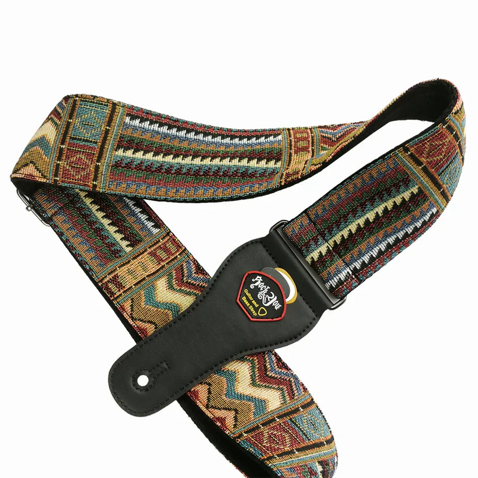 Colorful woven cotton guitar strap with geometric pattern and black leather hardware for bass guitar five star feedback