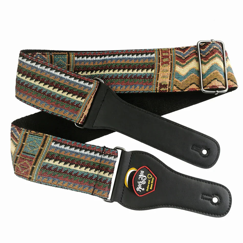 Multicolored woven cotton guitar strap with geometric pattern black leather ends silver hardware ideal for bass guitar and acoustic