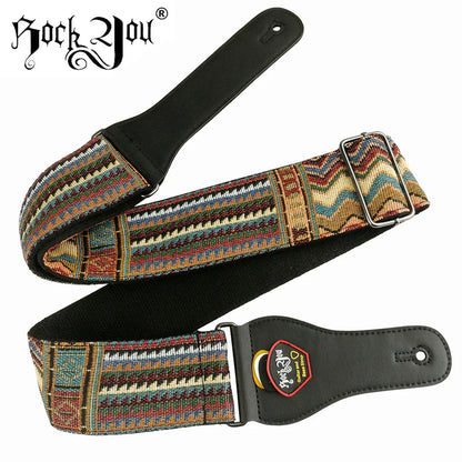 Rockyou cotton guitar strap with colorful woven pattern, black leather ends, adjustable for bass guitar, five star feedback