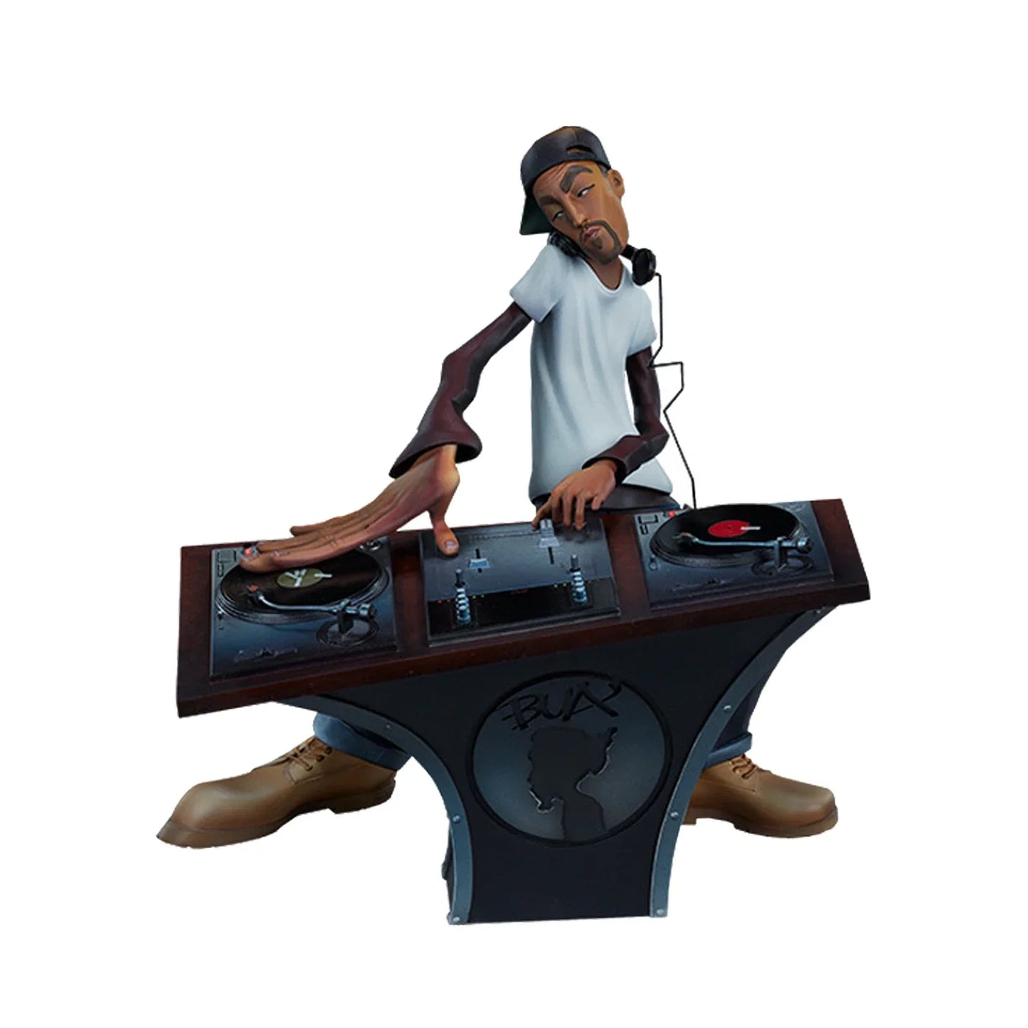 A detailed resin hiphop artist statue of a dj in a white t-shirt with break dance shape vinyl records desktop ornament