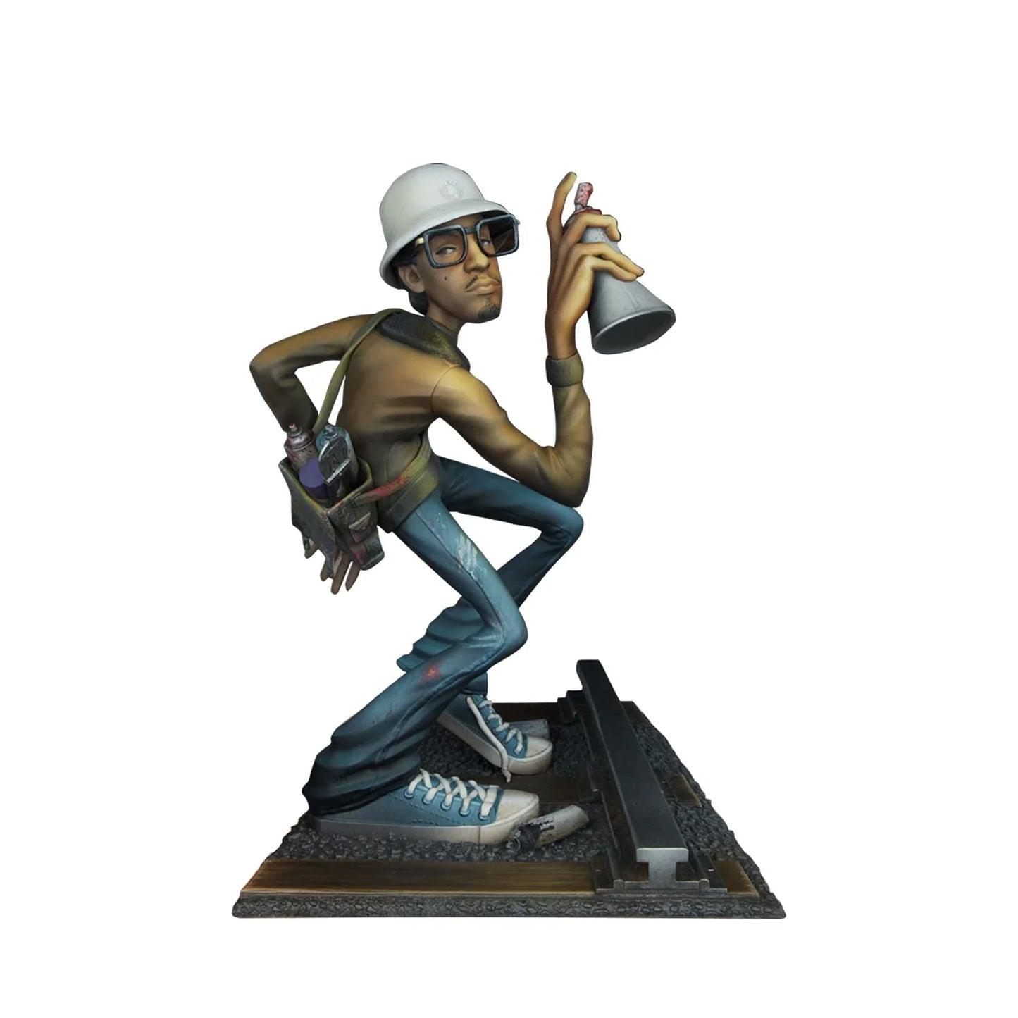 Detailed resin hiphop artist statue featuring a graffiti artist in white hard hat and blue jeans desktop ornament