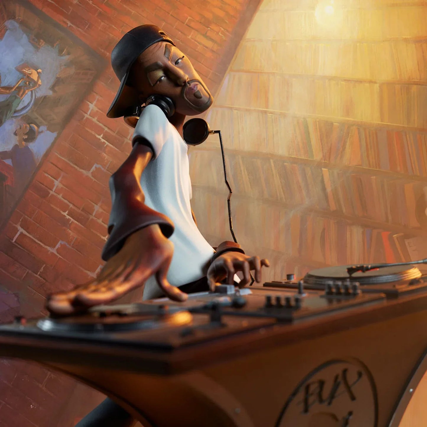 A stylized resin hiphop artist statue in break dance shape wearing a black hat and white t-shirt desktop ornament