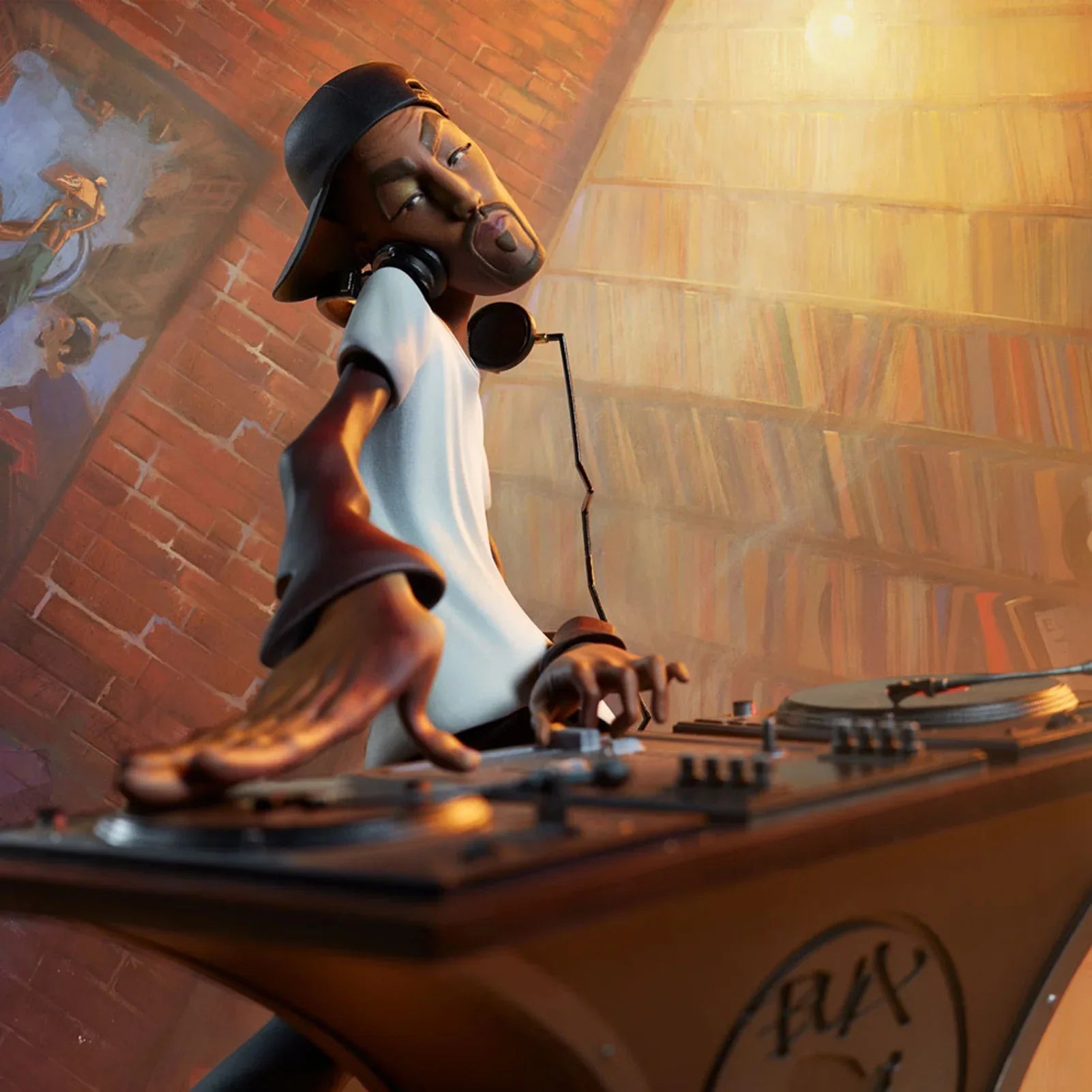 A stylized resin hiphop artist statue in break dance shape wearing a black hat and white t-shirt desktop ornament