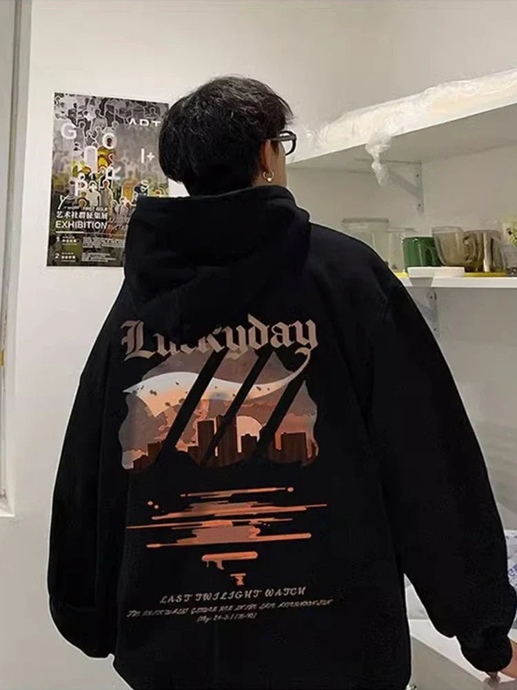 Back of black cotton fleece vintage hip hop graphic hooded sweatshirt y2k style with city skyline sunset and luckyday print