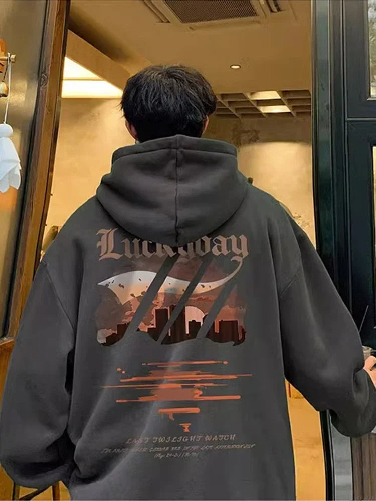Dark gray cotton fleece hooded sweatshirt with luckyday hip hop graphic and vintage hooded sweatshirts y2k cityscape design