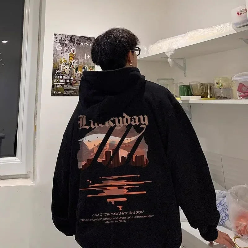 Black cotton fleece vintage hooded sweatshirt y2k with hip hop graphic luckyday cityscape in pink and orange