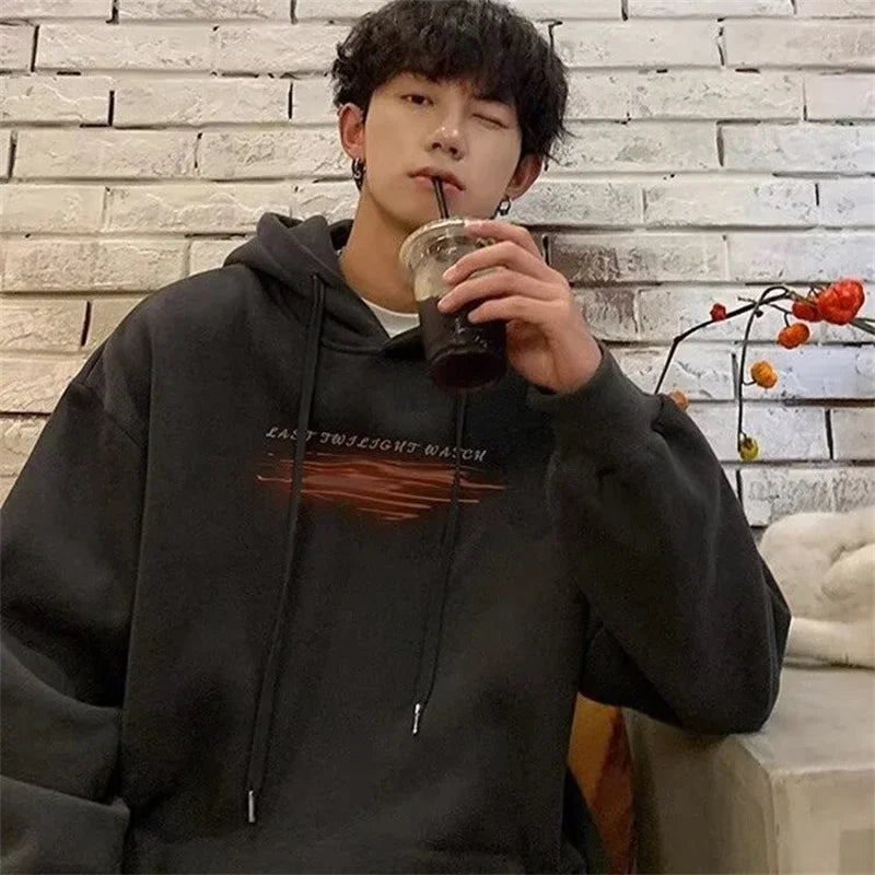 Black cotton fleece vintage hooded sweatshirt with hip hop graphic and orange last twilight watch design y2k streetwear