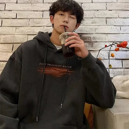 Black cotton fleece hip hop pullover hoodie with last twilight watch text and orange gradient graphic recommended weight for men