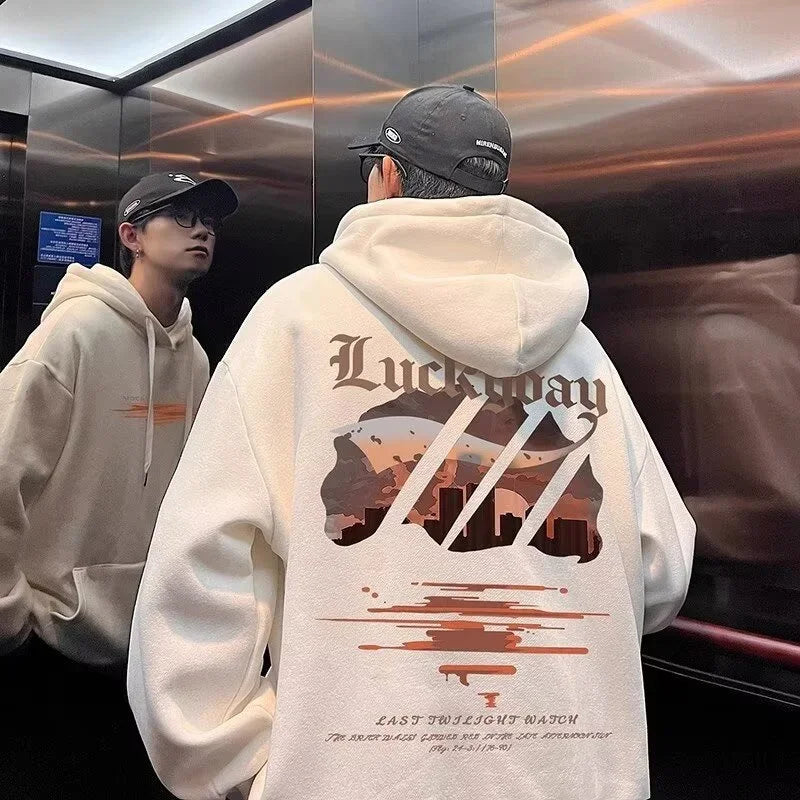 Cream-colored cotton fleece vintage hooded sweatshirt for men with bold luckyday hip hop graphic and cityscape design