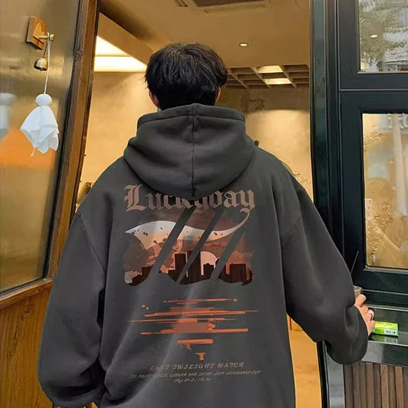 Dark gray cotton fleece vintage hooded sweatshirt for men with hip hop graphic luckyday and cityscape y2k streetwear design