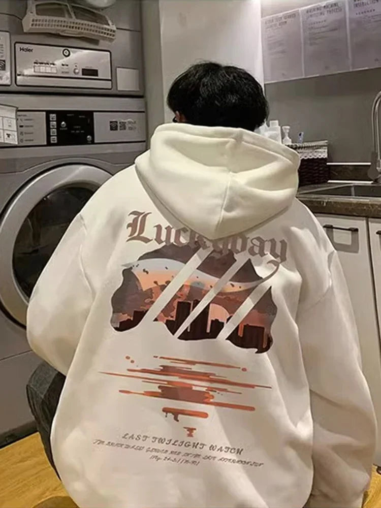 Cream-colored cotton fleece hip hop graphic pullover hoodie with luckway cityscape print and last twilight watch text, recommended weight for vintage y2k streetwear