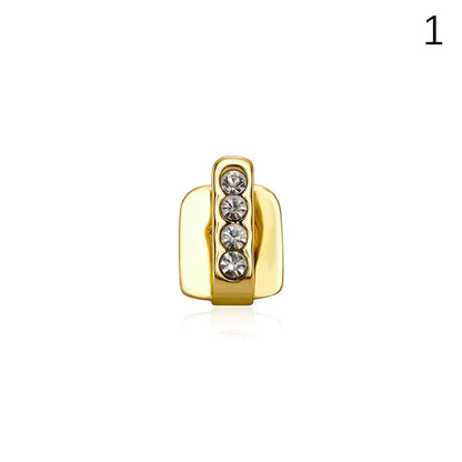 Gold-colored metal dental grills jewelry with four clear round rhinestones for men women hip hop and cosplay use