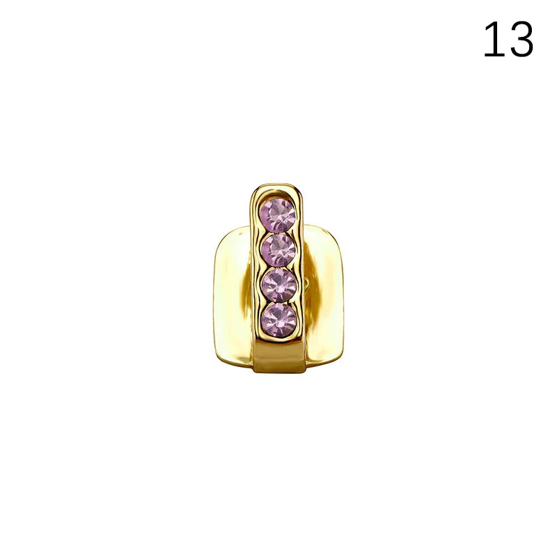 Gold-colored dental grills jewelry with four purple rhinestones iced out hollow double tooth cap for men women