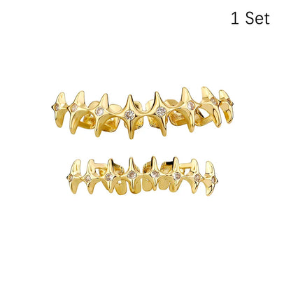 Gold-colored star-shaped dental grills jewelry with clear gemstones made from high-quality materials for hip hop cosplay
