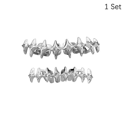 Silver rhinestone dental grills with star-shaped teeth and shiny metallic finish for hip hop and cosplay use