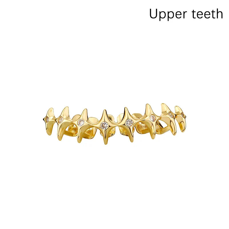 Gold-colored diamond-encrusted dental grills jewelry designed for upper teeth perfect for hip hop and cosplay use