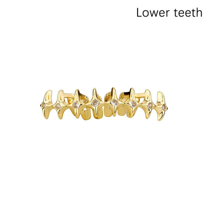 Gold-colored lower teeth dental grills with clear gemstones set on each tooth for hip hop cosplay and fashion jewelry