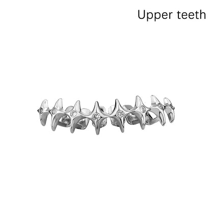 Silver rhinestone-encrusted dental grills jewelry for upper teeth designed for hip hop, cosplay, and rapper style