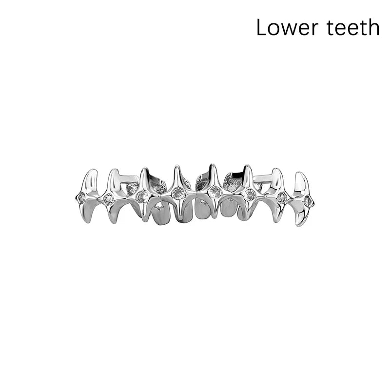 Silver diamond-encrusted lower teeth dental grills jewelry iced out hollow double tooth cap for hip hop cosplay