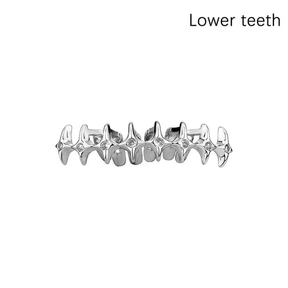 Silver diamond-encrusted lower teeth dental grills jewelry iced out hollow double tooth cap for hip hop cosplay