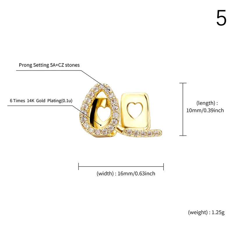Gold-plated heart-shaped dental grill with prong-set 5a cz stones designed as iced out grills jewelry for men and women