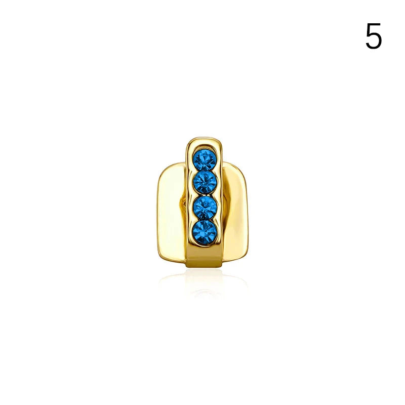 Gold-colored hip hop dental grills with four blue rhinestones made of high-quality materials for men and women cosplay
