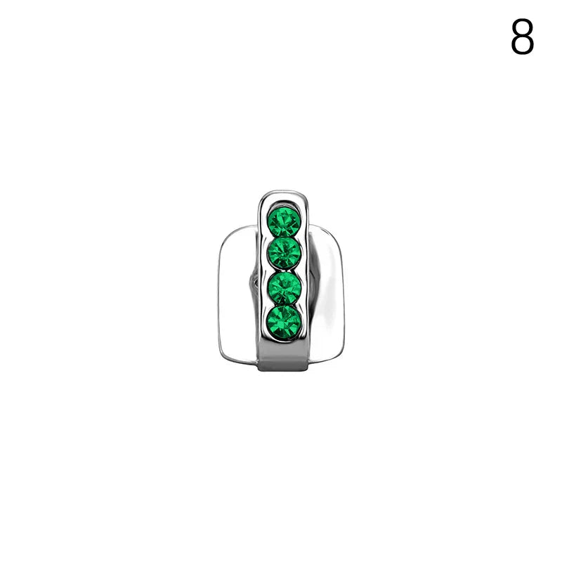 Silver metal dental grills jewelry with four vertical round green gemstones for hip hop and cosplay use