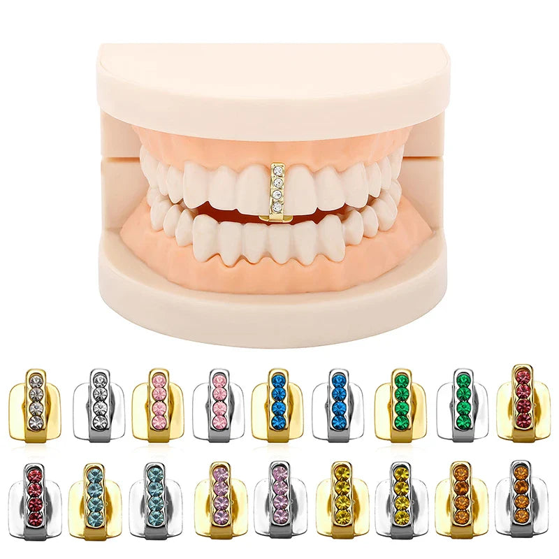 Gold-colored dental grills jewelry with pink, blue, green, and red rhinestones in high-quality metallic design for cosplay